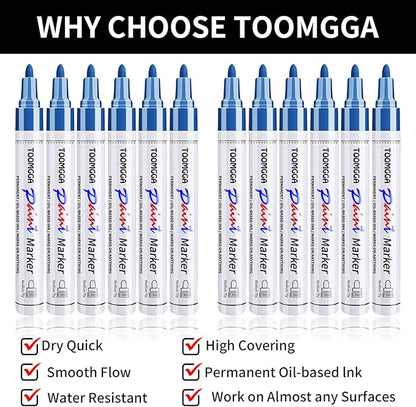 Permanent Paint Pens Blue Paint Markers 12 Pack Oil Based Markers, Quick Drying and Waterproof Marker Pen, Car Tire, Metal, Rock Painting, Wood, Plastic, Canvas, Craft Supplies for Adults