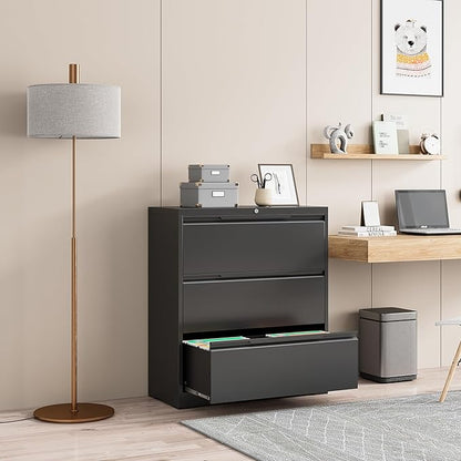Lateral File Cabinet, 3 Drawer Lateral File Cabinet with Lock, Lockable Metal File Cabinet for Home Office, File Cabinet for Letter/Legal/F4/A4 Size (Black, 3 Drawer)