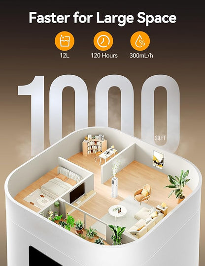 VAGKRI 12L Humidifiers for Large Room, Last 120 Hours, Cover up to 1000ft², Top Fill Ultrasonic Cool Mist Humidifier, 3 Mist Level, 24H Timer, Essential Oil Diffuser Humidifiers For Bedroom, Home