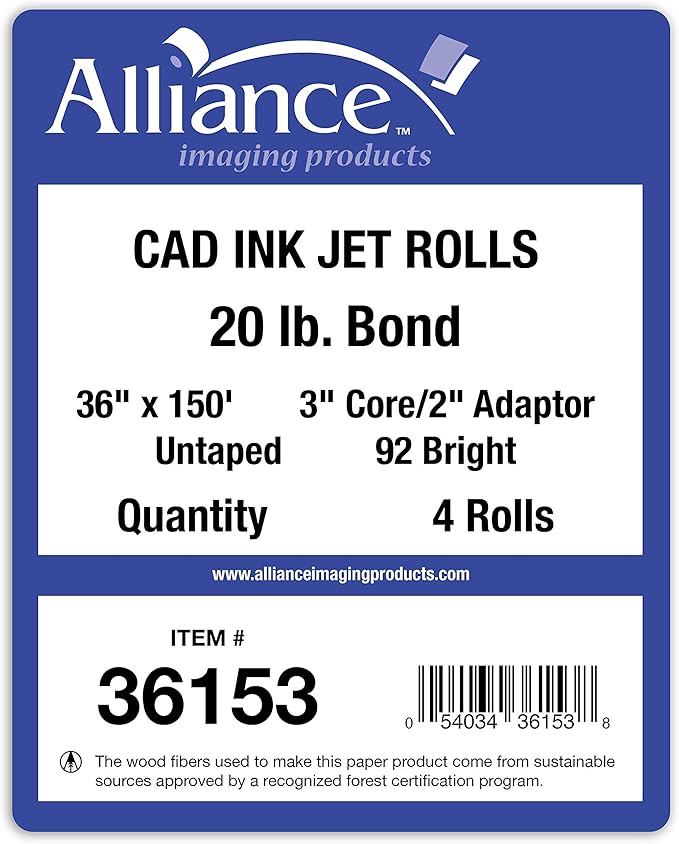 Alliance Wide Format Paper CAD Bond Rolls (20lb | 4 Rolls, 36 In x 150 Ft | 3" Core)