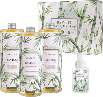ROMIIE ZOI Foaming Hand Soap Refill Gift Set – 3 Pack (1000ML Each) with Dispenser – Bamboo Scent – Gentle & Moisturizing Plant-Based Formula – Bulk Refill Bottles for Bathroom & Kitchen Use