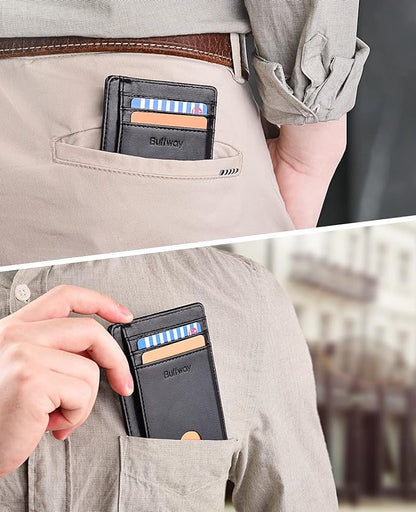 Buffway Slim Minimalist Front Pocket RFID Blocking Leather Wallets for Men and Women - Alaska Brown