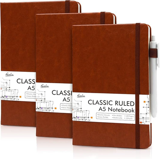 feela 3 Pack Notebooks Journals Bulk with 3 Black Pens, A5 Hardcover Notebook Classic Ruled Lined Journal Set with Pen Holder for Work Business Journaling Note Taking, 120 GSM, 5.1”x8.3”, Brown