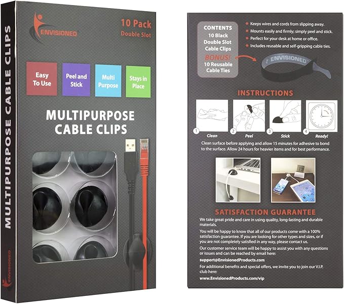 ENVISIONED Cable Clips with 3M Self Adhesive, Black, 10 Pack (2 Slots) for Home, Office or Nightstand
