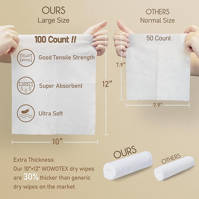 Luxe Bamboo Towel Container (Bamboo Box Towel Holder) with Disposable Face Towels Biodegradable Large Dry Wipes 100 Count Extra Thick Soft Clean Facial Towels for Facial Cleansing
