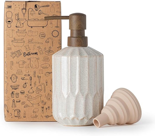 Fun Elements Bathroom Soap Dispenser, 16 Oz Luxurious Hand soap Dispenser for Bathroom, Ceramic Liquid Soap Dispenser for Bathroom Countertop with Plastic Pump, Silicone Funnel (Wooden Color Pump)
