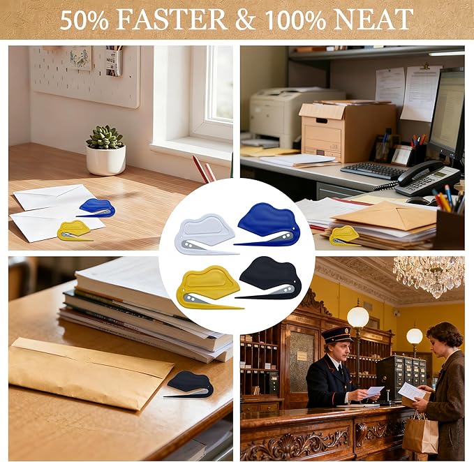 4 Pack Letter Opener Envelope Slitter,Mail Cutter with Safety Concealed Sharp Blade Neatly Opened Without Damage,Envelope Opener for Women,Men,Worker,Students,Home,Office,Postal for Package,Paper Cut