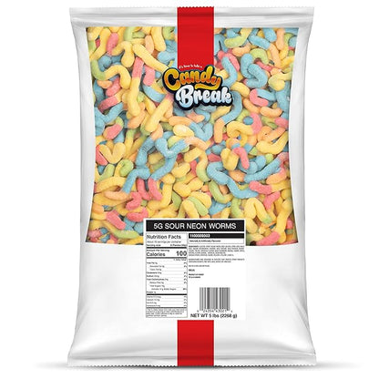 Candy Break Sour Neon Worms, Sour Gummy Candy, Chewy Gummies Candy, Snacks for Kids & Adults, 5 lbs Bulk Share Size Bag, Variety Pack of 1