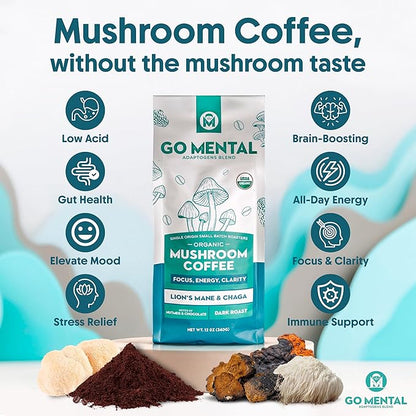 Organic Lion's Mane & Chaga Mushroom Coffee Ground Dark Roast, Full Fruiting Bodies, For Enhanced Brain Function, Immune Support, Wellbeing Grade 1 Single Origin, 12oz - Ground