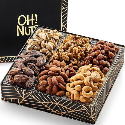 Oh! Nuts 6 Section Nuts Gift Basket - Gourmet Assorted Nut Gifts Baskets - Healthy Nuts Gift Square Metal Tin Box - Premium Food Gift for Birthday, Holiday, Movie Night, Corporate, Men & Women