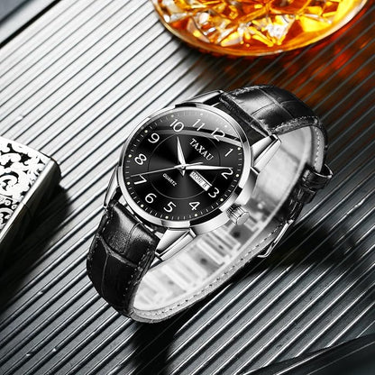 Men's Watch Big Face Easy Read Arabic Numeral Dress Watches for Men Classic Black Brown Leather Band Analog Mens Wrist Watch with Day and Date Fashion Business Waterproof Luminous Quartz Watch
