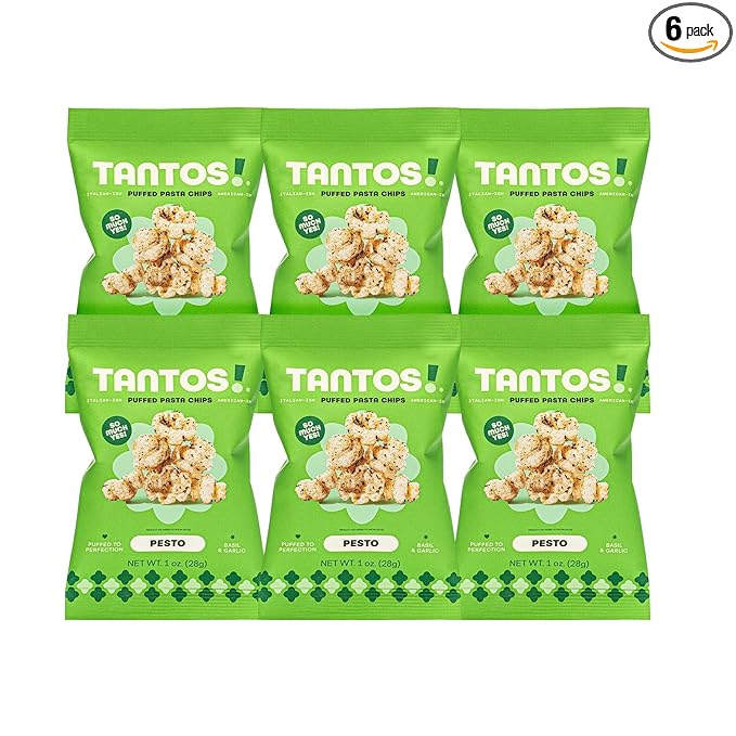 Tantos! Puffed Pasta Chips, Healthy Pasta Snack by Top Chef Joe Sasto, As Seen on Shark Tank, Plant Based, Low Calorie, Crunchy Chips, Variety Pack, Marinara, Pesto, Cacio e Pepe, Classico, Gourmet Bold Flavors, 1 oz 6 Pack of Pesto