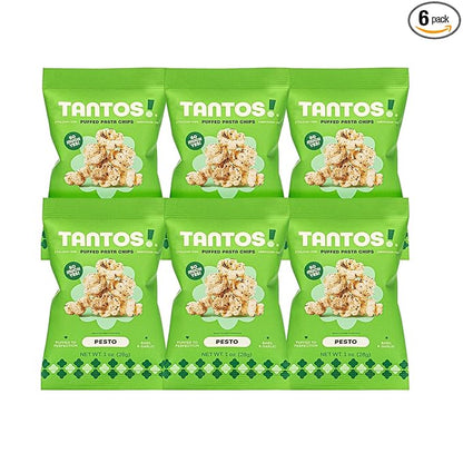 Tantos! Puffed Pasta Chips, Healthy Pasta Snack by Top Chef Joe Sasto, As Seen on Shark Tank, Plant Based, Low Calorie, Crunchy Chips, Variety Pack, Marinara, Pesto, Cacio e Pepe, Classico, Gourmet Bold Flavors, 1 oz 6 Pack of Pesto