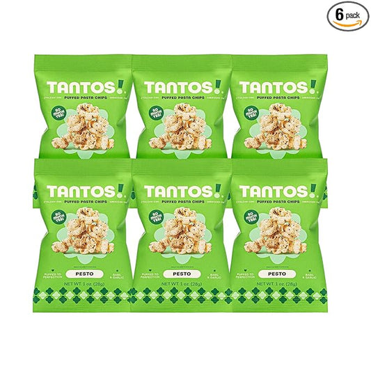 Tantos! Puffed Pasta Chips, Healthy Pasta Snack by Top Chef Joe Sasto, As Seen on Shark Tank, Plant Based, Low Calorie, Crunchy Chips, Variety Pack, Marinara, Pesto, Cacio e Pepe, Classico, Gourmet Bold Flavors, 1 oz 6 Pack of Pesto