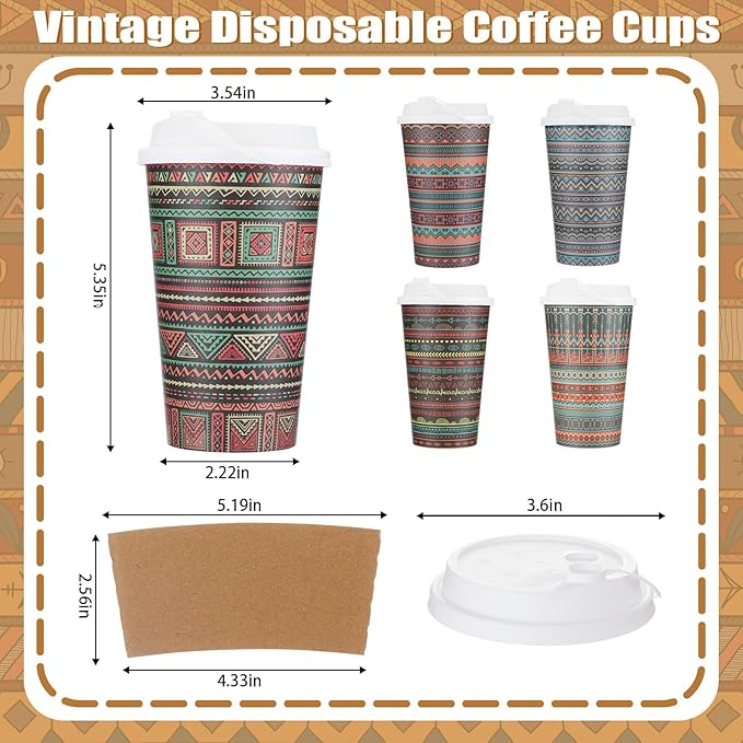 50 Set Vintage Christmas Disposable Coffee Cups with Lids and Sleeves Bulk 16 oz Paper Cups for Cold Drinks Hot Chocolate Tea Beverage Christmas Party Winter Supplies