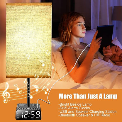 Yostyle Table Lamp with Alarm Clock Base, Bedside Lamp,2 USB & 1 AC Power Outlets, FM Radio & Speaker 6Ft Extension Cord - Square Black Fabric Lampshade,Touch Control Ideal for Bedrooms Living Rooms