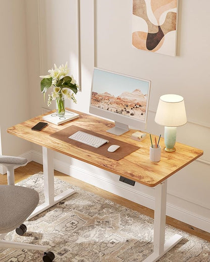 FEZIBO Standing Desk, 55×28 Inches Electric Height Adjustable, Sit Stand Up, Computer Office Desk with Splice Board, White Frame/Light Rustic TOP