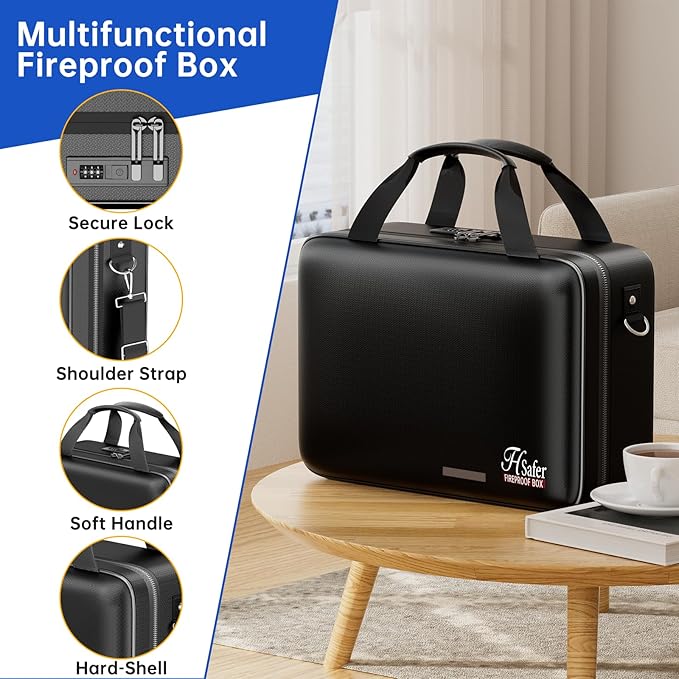 5200℉ Fireproof Document Box with Lock, Hard-Shell Case File Organizer with 24 Pocket Accordion File Folder, Portable Safe Box with Shoulder Strap for Home Important Documents Laptop Black