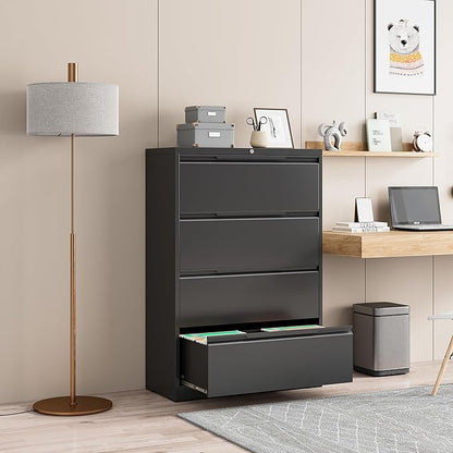 File Cabinet, 4 Drawer Metal File Cabinet with Lock, Lateral File Cabinet for Home and Office, Lateral File Cabinet for A4 Legal/Letter Size, Assembly Required (Black, 4 Drawer)