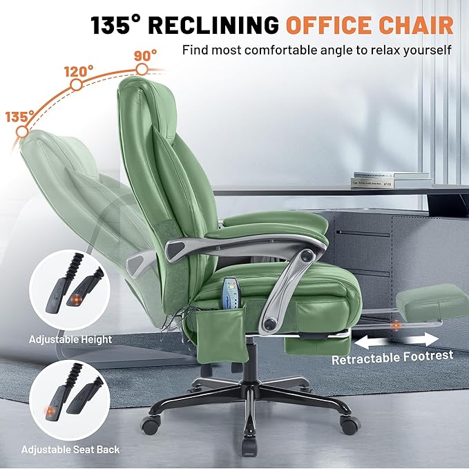Massage Office Chair with Heating Function & Footrest, 6-Point Vibration, Ergonomic Executive Reclining Desk Chair with Padded Seat for Relaxation, Comfort & Stress Relief