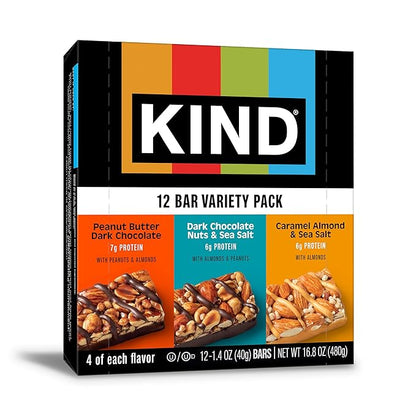 KIND Nut Bars, Variety Pack, Dark Chocolate Nuts & Sea Salt, Peanut Butter Dark Chocolate, and Caramel Almond Sea Salt, Gluten Free, Low Sugar, 5-7g Protein, 12 Count