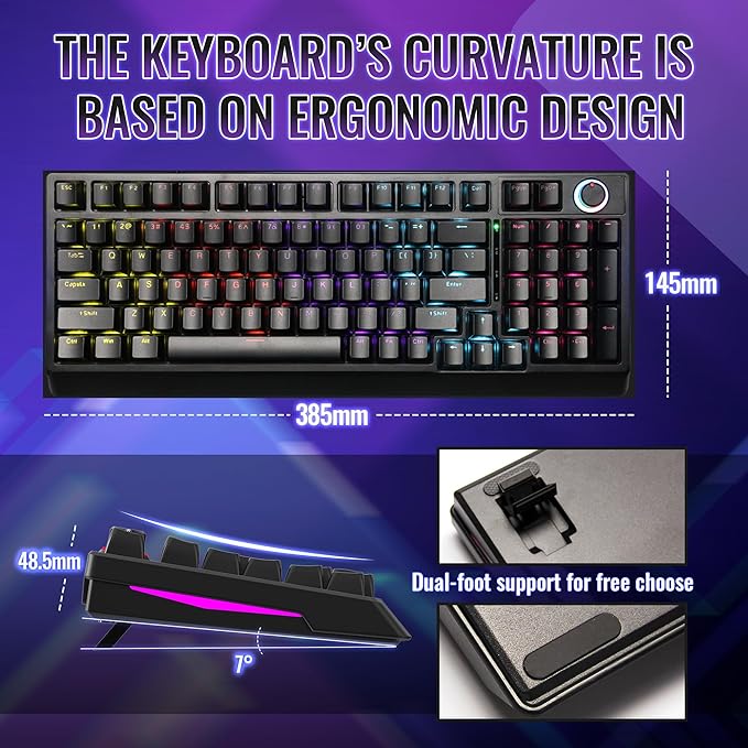 Mechanical Gaming Keyboard with Red Switches: 98 Keys PC Gaming Keyboard with Backlit，Multi-Function Volume & Lighting Knob,Anti-Ghosting Wired USB keybaord for Elite PC/Mac Gamers