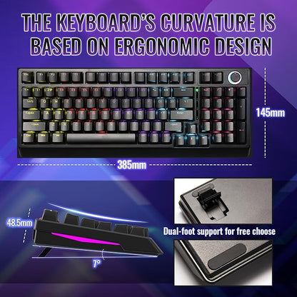Mechanical Gaming Keyboard with Red Switches: 98 Keys PC Gaming Keyboard with Backlit，Multi-Function Volume & Lighting Knob,Anti-Ghosting Wired USB keybaord for Elite PC/Mac Gamers