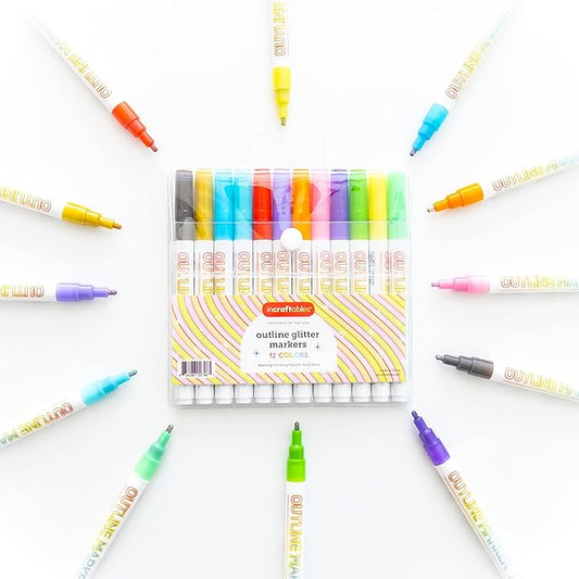 Incraftables Outline Glitter Markers (12 Colors) – Metallic, Double Line Pens, Shimmer Markers for Crafts, Greeting Cards, Drawing & Kids Adults