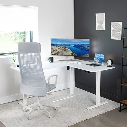 VIVO Electric Corner 63 x 55 inch L-Shaped Standing Desk, Memory Height Adjustment, White Top White Frame, DESK-E3CTW