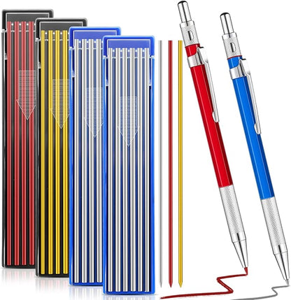 2 Pcs Welders Pencil with 48 PCS Round Refills Mechanical Pencils Metal Welding Marker for Tube Pipe Fitter Welder Steel Construction Woodworking (Red, Silver, Yellow)