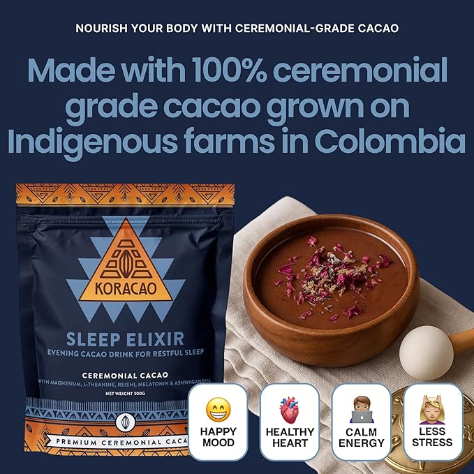 KORACAO Sleep Elixir Cacao Blend – Ceremonial-Grade Cocoa Drink with Magnesium, L-Theanine, Reishi, Melatonin & Ashwagandha – 300g (30 Servings) for Relaxation & Restful Sleep