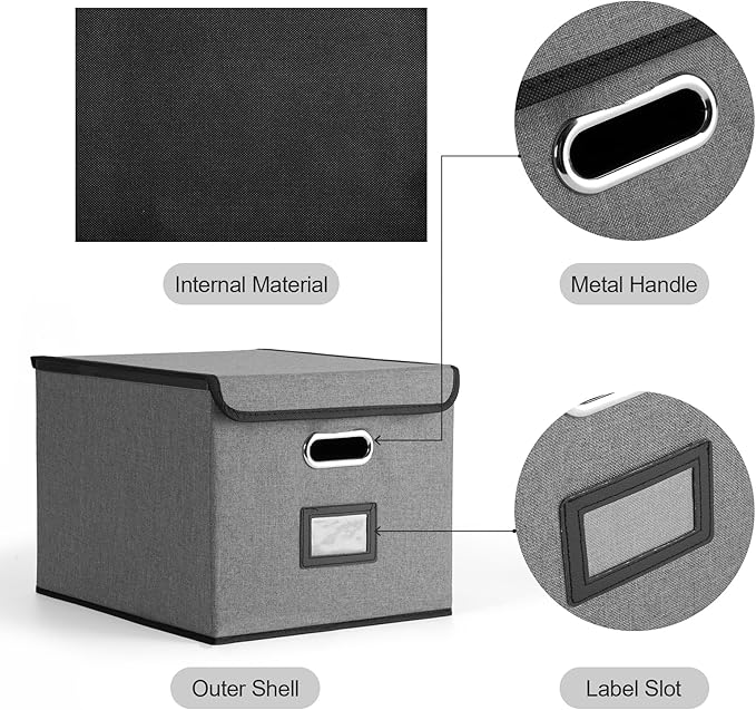 Collapsible File Box with Lid & Plastic Slide - Hanging Document Organizer for Office/Home, 14.96x12.6x10.83 Inch,Dark Grey, 1 Pack (No Folders Included)