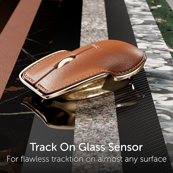 LUNAR ARTEFACTS Ambidextrous Rechargeable Bluetooth Wireless Computer Mouse Black French Leather and Gold Tone Plated Aluminum, Qi Enabled USB-C