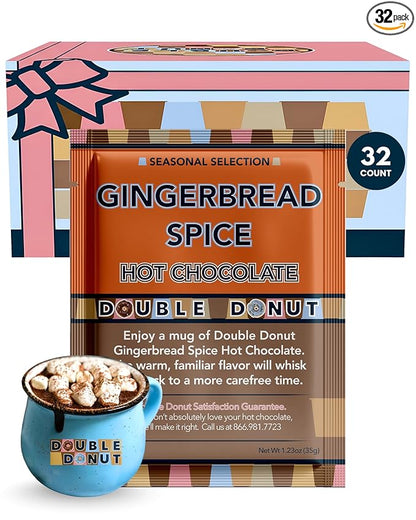 Double Donut Coffee Gingerbread Spice Hot Chocolate Mix Packets, Flavored Gingerbread Hot Cocoa Mix, 32 Count