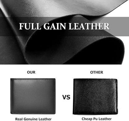Genuine Leather Mens Wallet, RFID Blocking Bifold Wallet for Men with ID Window, 11 Credit Card Slots (Black)