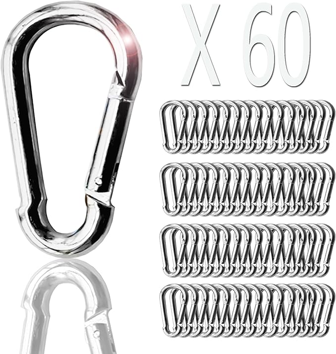 Acrux7 60 Pack Carabiner Clips M4 1.5 Inch Heavy Duty Spring Snap Hook Galvanized Steel Small Carabiner Clips Bulk for Keys Swing Camping Fishing Hiking Traveling