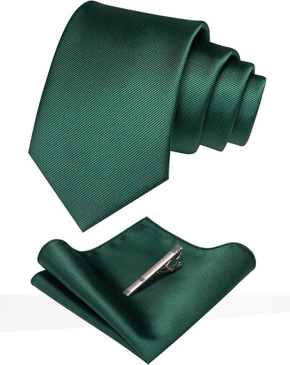 JEMYGINS Solid Color Formal Necktie and Pocket Square Tie Clip Sets for Men