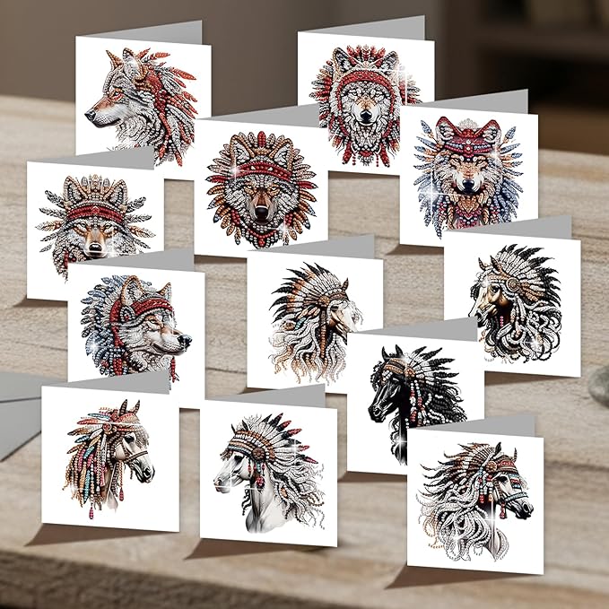 jinglinhh 12pcs Diamond Art Painting Indian Wolf Horse Greeting Cards with Envelopes, DIY Card Making Kits for Adults, Diamond Art Postcards Christmas Cards Craft Gifts