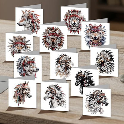 jinglinhh 12pcs Diamond Art Painting Indian Wolf Horse Greeting Cards with Envelopes, DIY Card Making Kits for Adults, Diamond Art Postcards Christmas Cards Craft Gifts