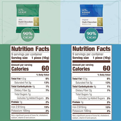 Verse Dark Chocolate Squares Variety Pack - Original and Mint w/ 1g Cane Sugar, High Cacao - Premium Dark Chocolates - Individually Wrapped Chocolate Squares (9 Count, 2 Pack)