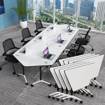 Conference Table, Foldable Conference Room Tables with Silent Wheels, Folding Modular Seminar Meeting Tables, Modern Rectangle Training Table for Office, Boardroom (8, Trapezoidal, 47.2)