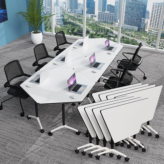 Conference Table, Foldable Conference Room Tables with Silent Wheels, Folding Modular Seminar Meeting Tables, Modern Rectangle Training Table for Office, Boardroom (8, Trapezoidal, 47.2)