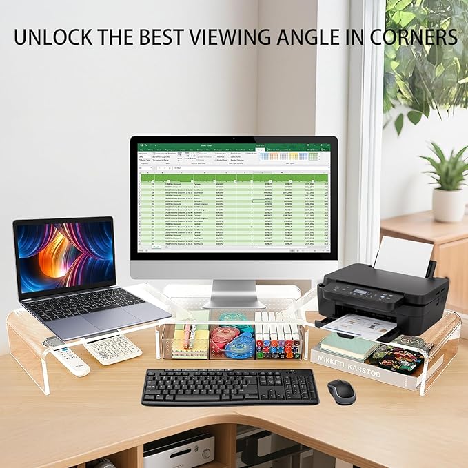 OPNICE Clear Acrylic Desk Organizers and Accessories, Dual Computer Monitor Stand Riser with Drawer, Desk Shelf for Monitor, Workspace Desktop Organization for Office Supplies