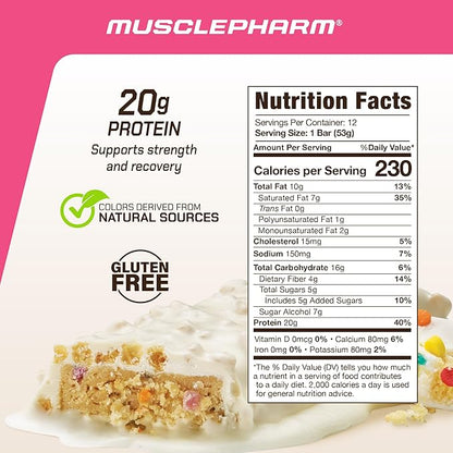 MusclePharm Combat Ready Protein Bar, Confetti Cake High Protein Bars, Combat Cravings, Fuel Performance & Meet Energy Demands, 20g Protein from Whey Protein, 4g Fiber, Gluten Free, 12 Bars