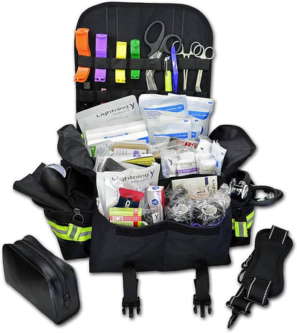 Lightning X Personalized First Responder EMT EMS Trauma Bag w/Stocked First Aid Fill Kit B & Custom Embroidered Name Patch (Black)