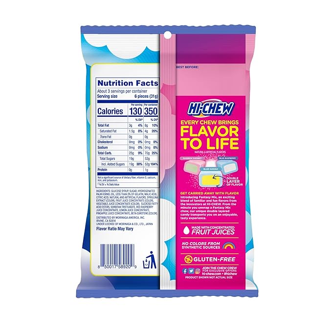 HI-CHEW Fantasy Mix, 6 Bags, 3oz each - Rainbow Sherbet Blue Hawaii Blue Raspberry - Unique Fun Soft & Chewy Candy - Immensely Juicy Fruity Candy Flavors - Individually Wrapped for Sharing
