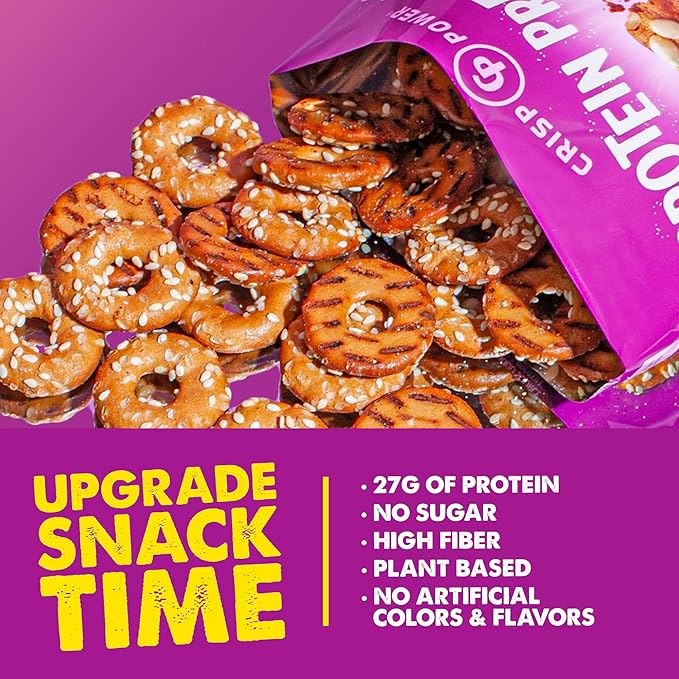 Crisp Power Protein Pretzels, Sesame, High Protein Vegan Keto Snack, 27 G Plant Based Protein, Low Carb Crunchy Pretzel Snacks, No Added Sugar, No Seed Oils, 1.75 oz Bags, 6 Pack
