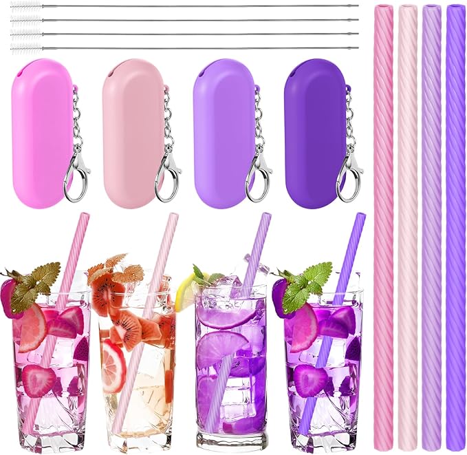 Meanplan 4 Sets Cruise Ship Essentials,4 Set Silicone Straws with Case Reusable Silicone Portable Drinking Straw Set for Party Travel Cold or Hot with 4 Carry Case, 4 Cleaning Brushes (Pink)