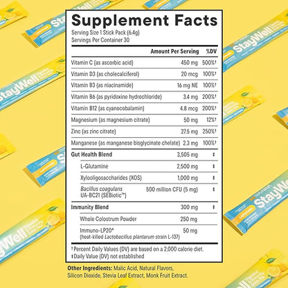DAILYNOURI StayWell Digestive & Immunity Drink Mix | Supports Gut Health, Digestion, Immunity & Energy | Probiotics, Prebiotics, Colostrum & Daily Vitamins | 30 Stick Packs