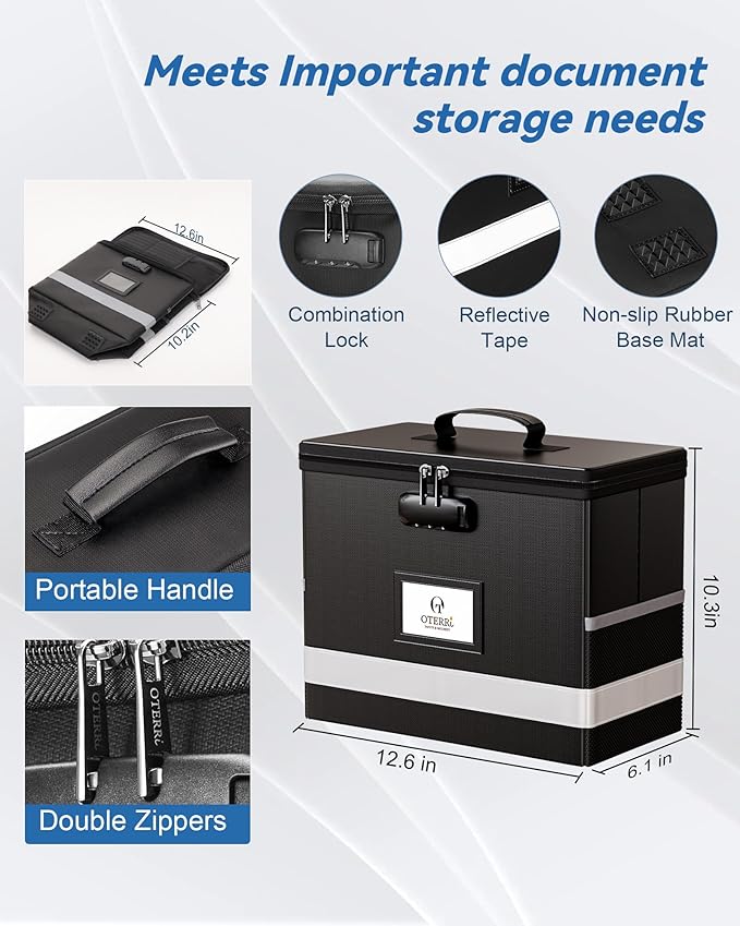 Oterri 2 Pack Fireproof Document Box With Lock, Portable File Safe Box Fireproof Waterproof For Letter Files, Collapsible Fireproof File Box With Handle Black